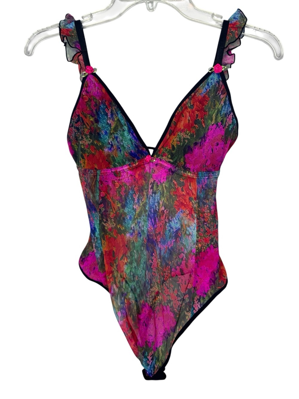 Parade Vibrant Multicolor Floral Mesh Bodysuit With Rose Buds. Size Medium.